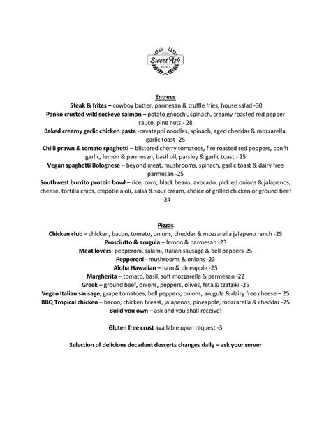 sweet ash bistro menu